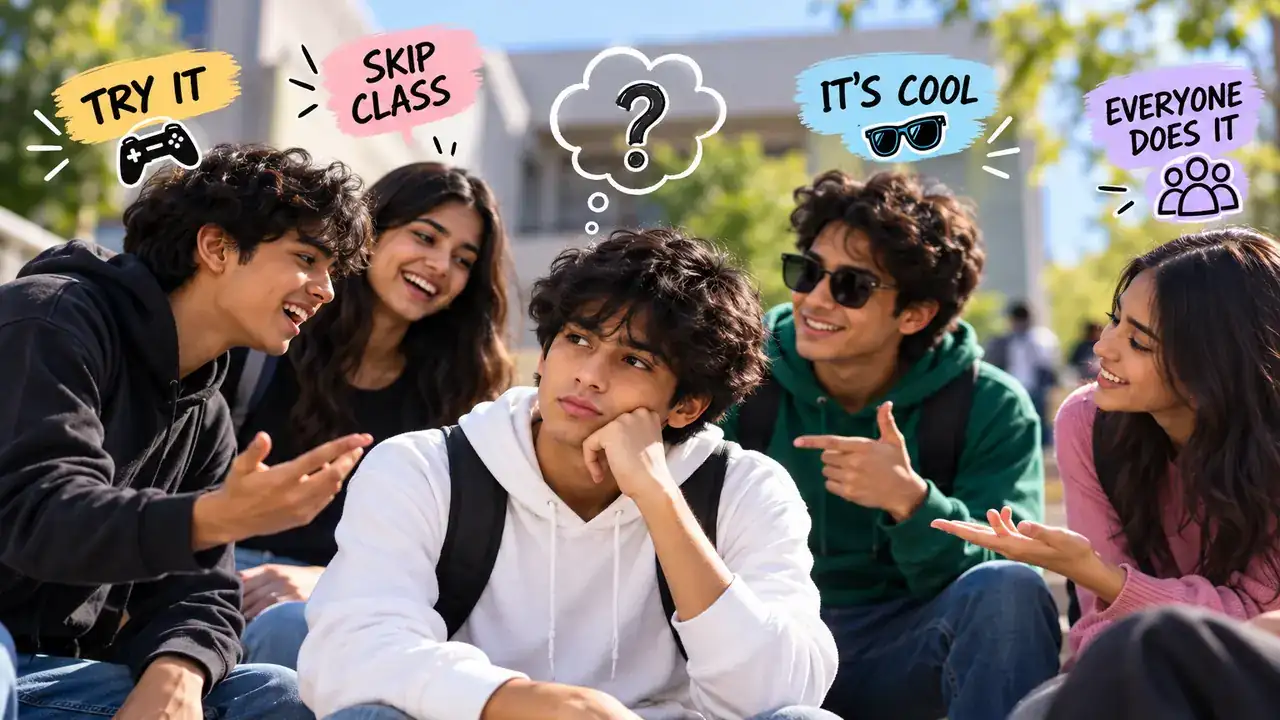 A thoughtful student surrounded by friends urging him to skip class and follow the crowd