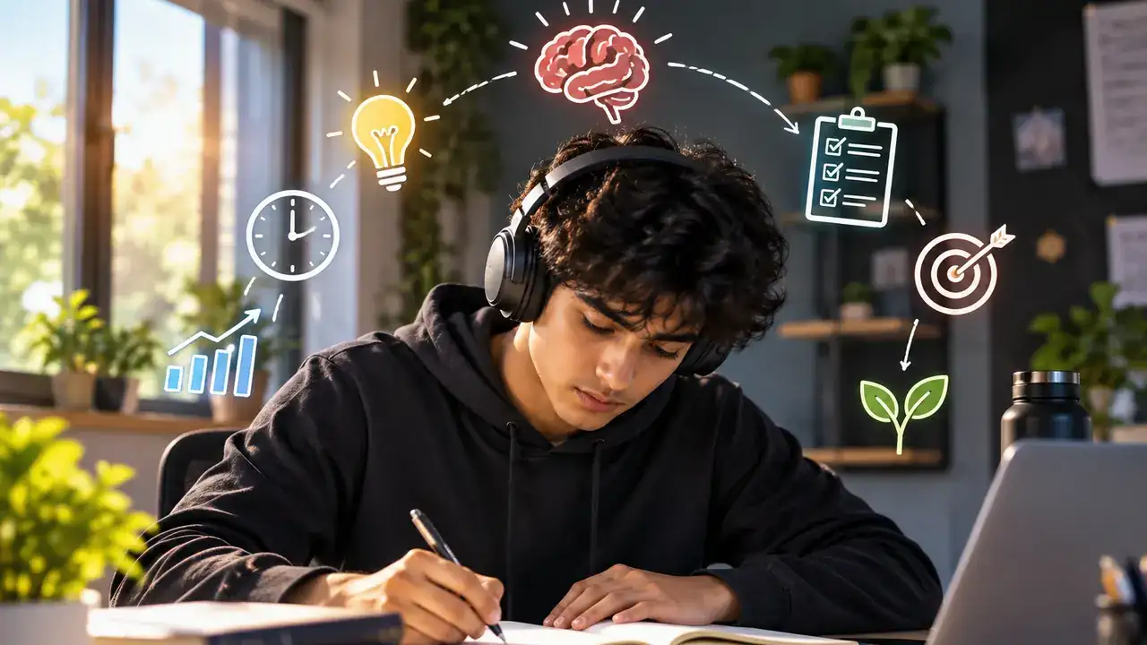A focused student writing notes with headphones on, surrounded by icons for time, ideas, goals and progress