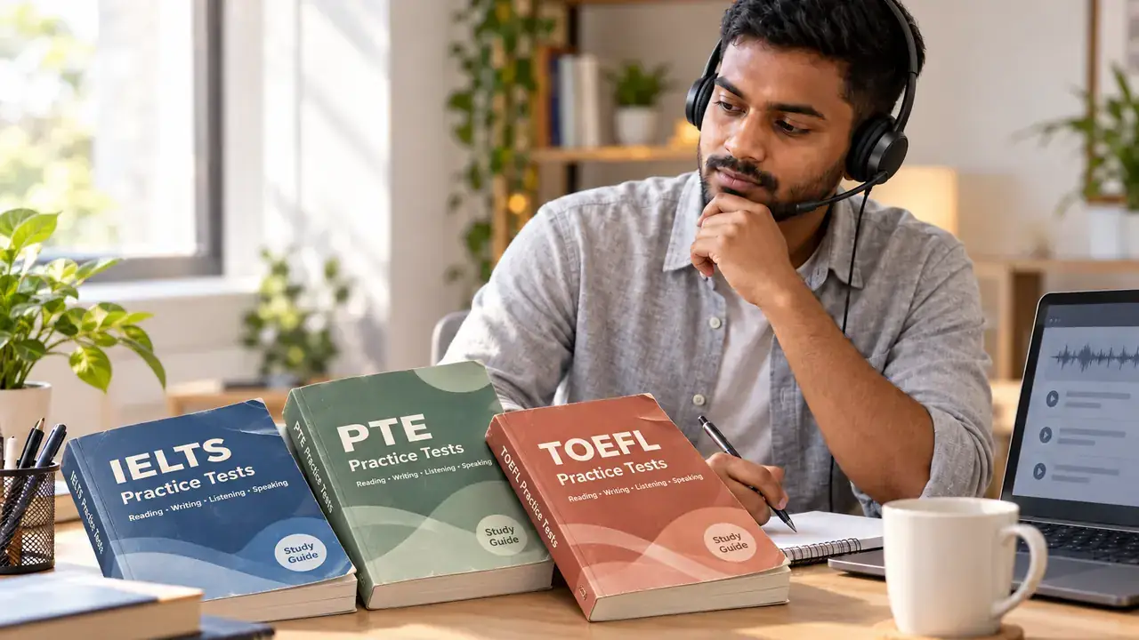 A student with headphones comparing IELTS, PTE and TOEFL practice books