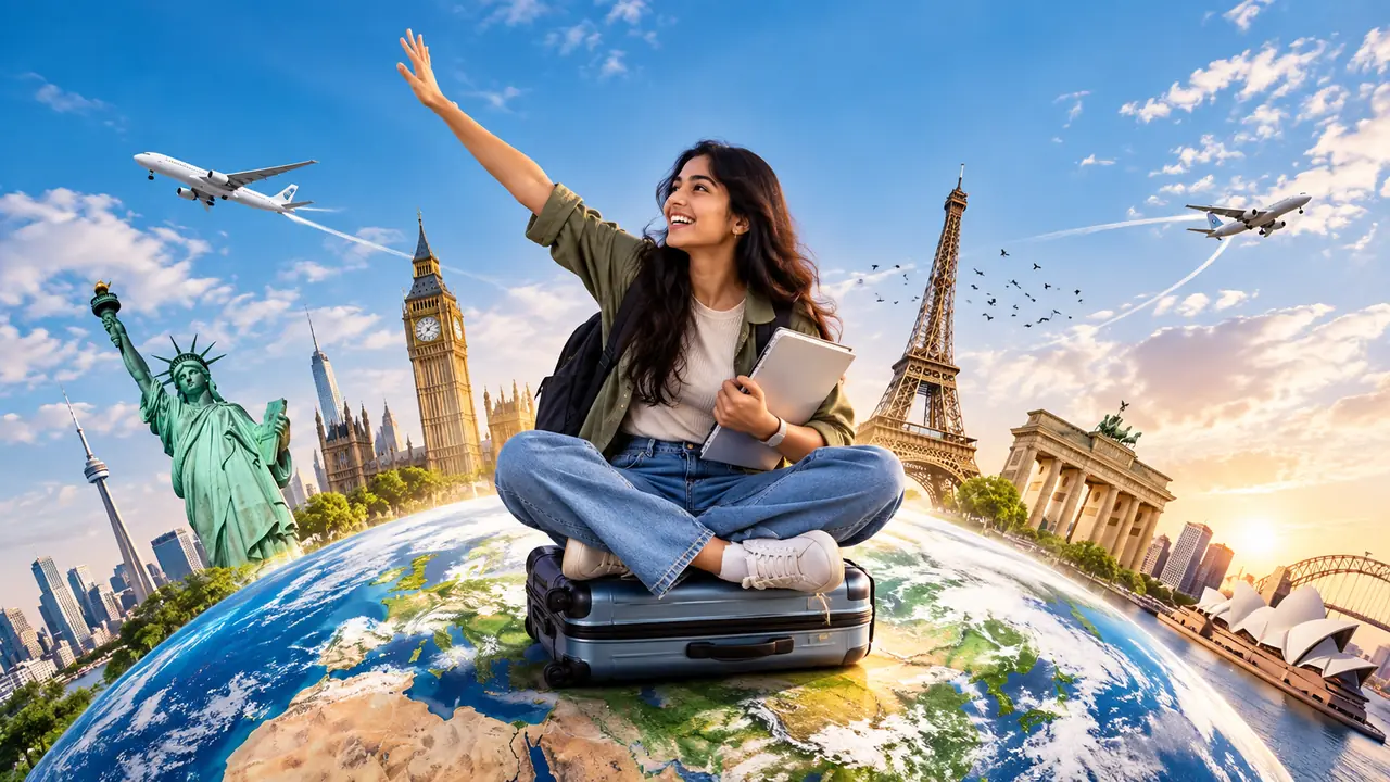 A happy Indian student sitting on a suitcase on top of a globe, surrounded by world landmarks and planes