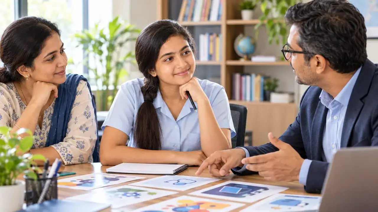 A student and her mother talking with a career counsellor about options after Class 10