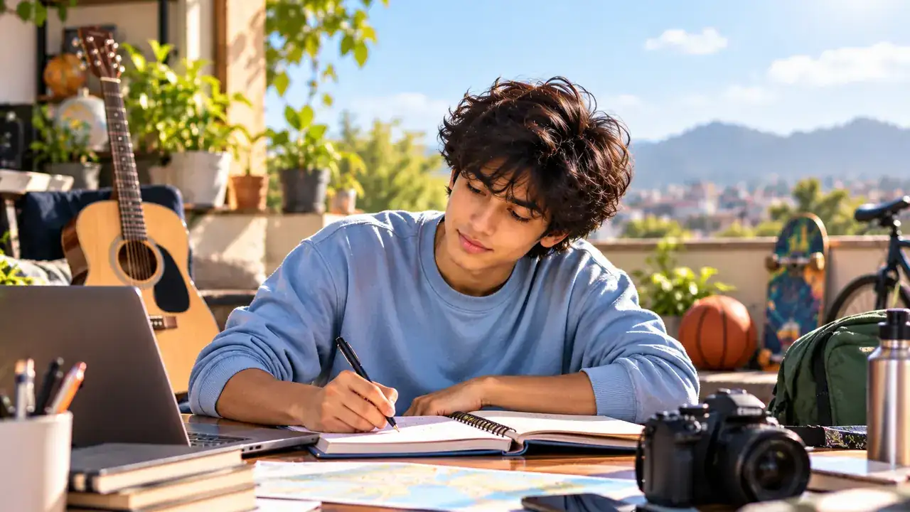 A student planning his holidays at a sunny desk with a guitar, camera, map, basketball and bicycle around him