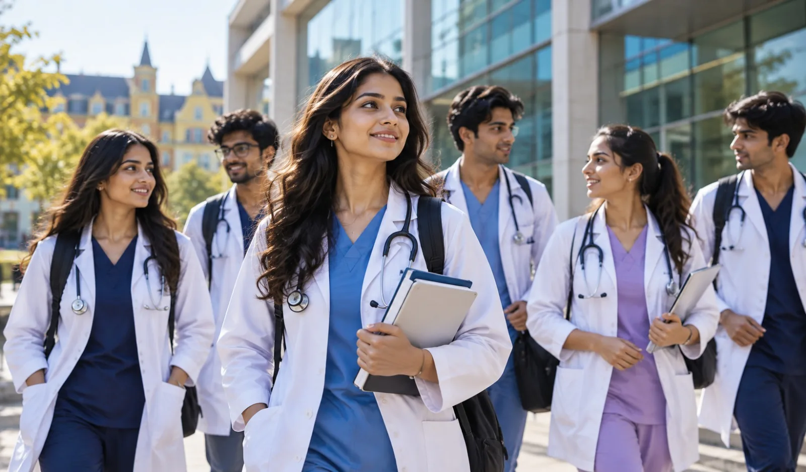 Indian medical students walking on a university campus