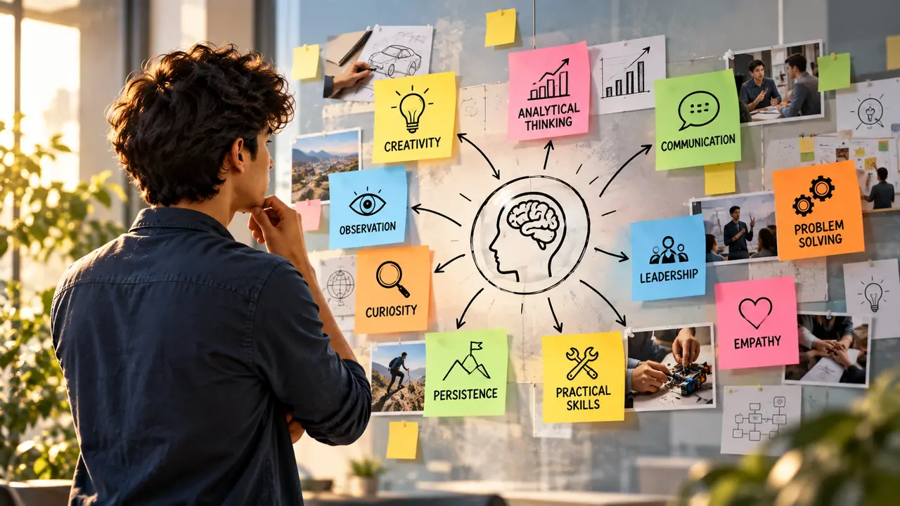 A student mapping natural abilities on a wall of sticky notes