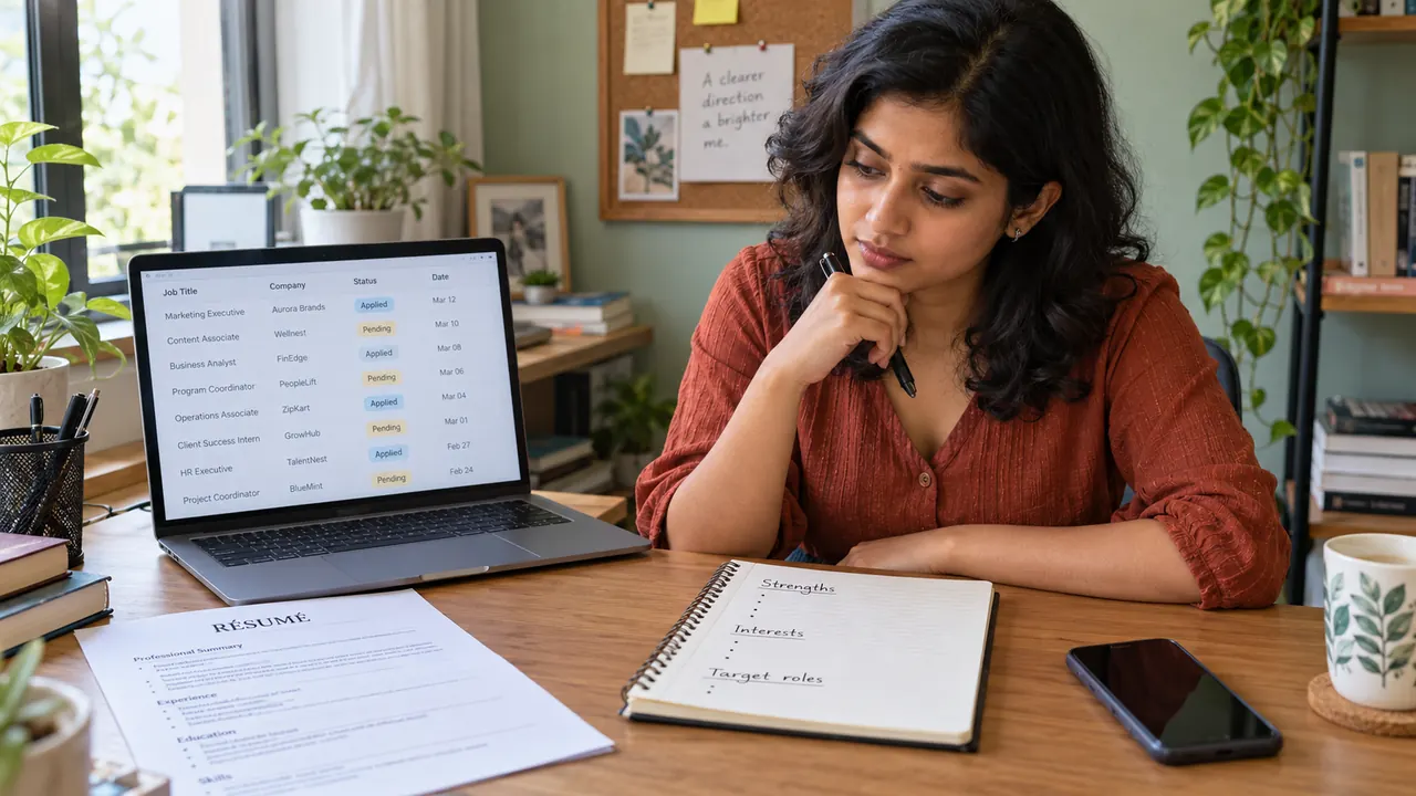 A professional reviewing her job application tracker and noting her strengths, interests and target roles