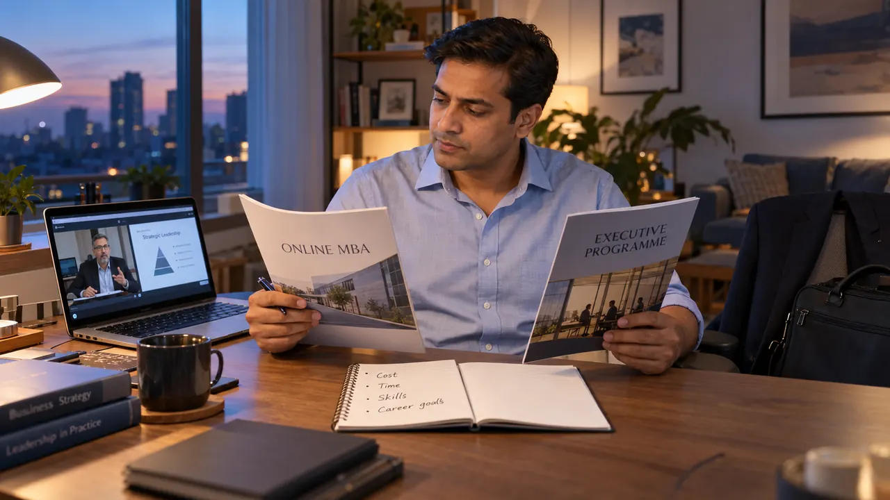 A working professional comparing online MBA and executive programme brochures at home in the evening