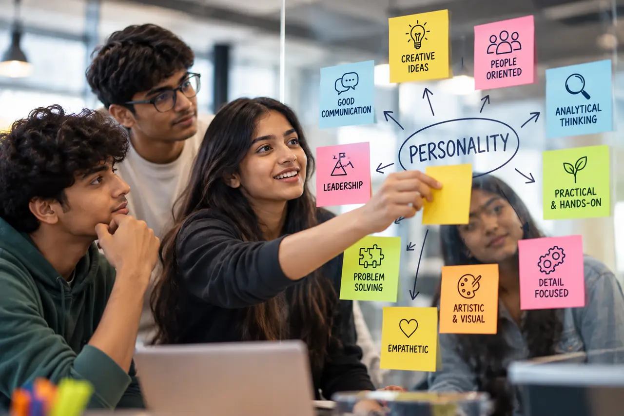 Students mapping personality traits on sticky notes