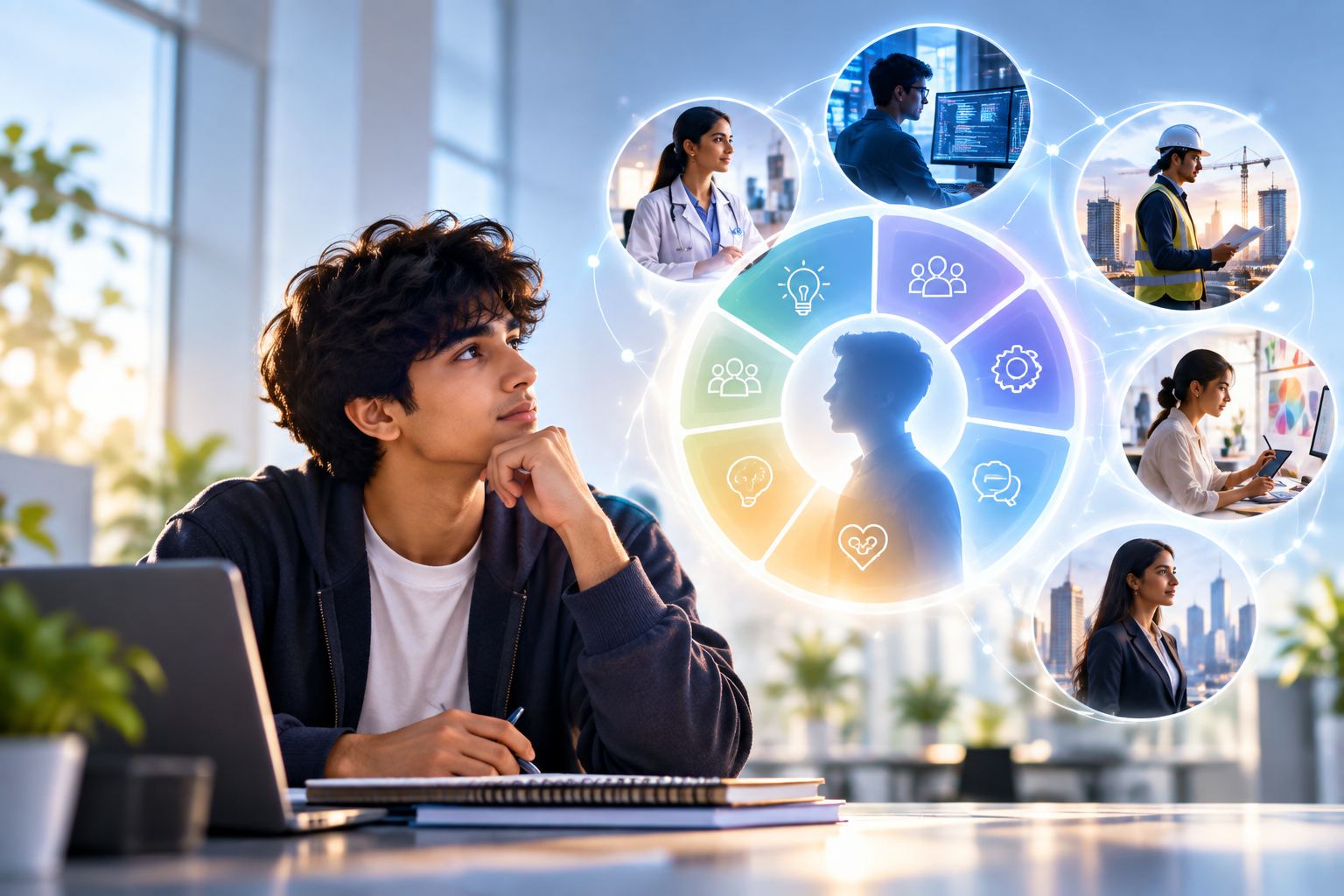 A student with a career assessment profile and career options