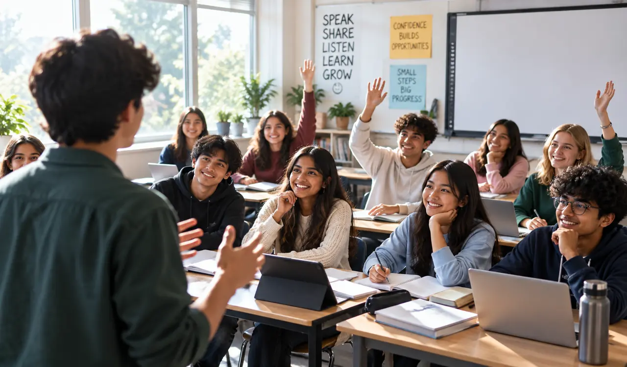 A student speaking to an engaged classroom
