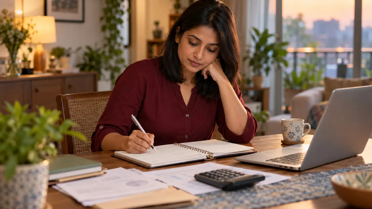 A professional at home planning her finances with a notebook, calculator and laptop before deciding to resign