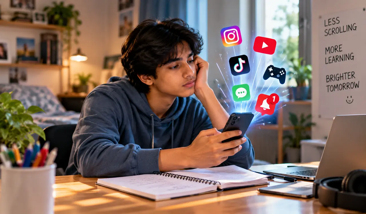 A student distracted by phone notifications while studying