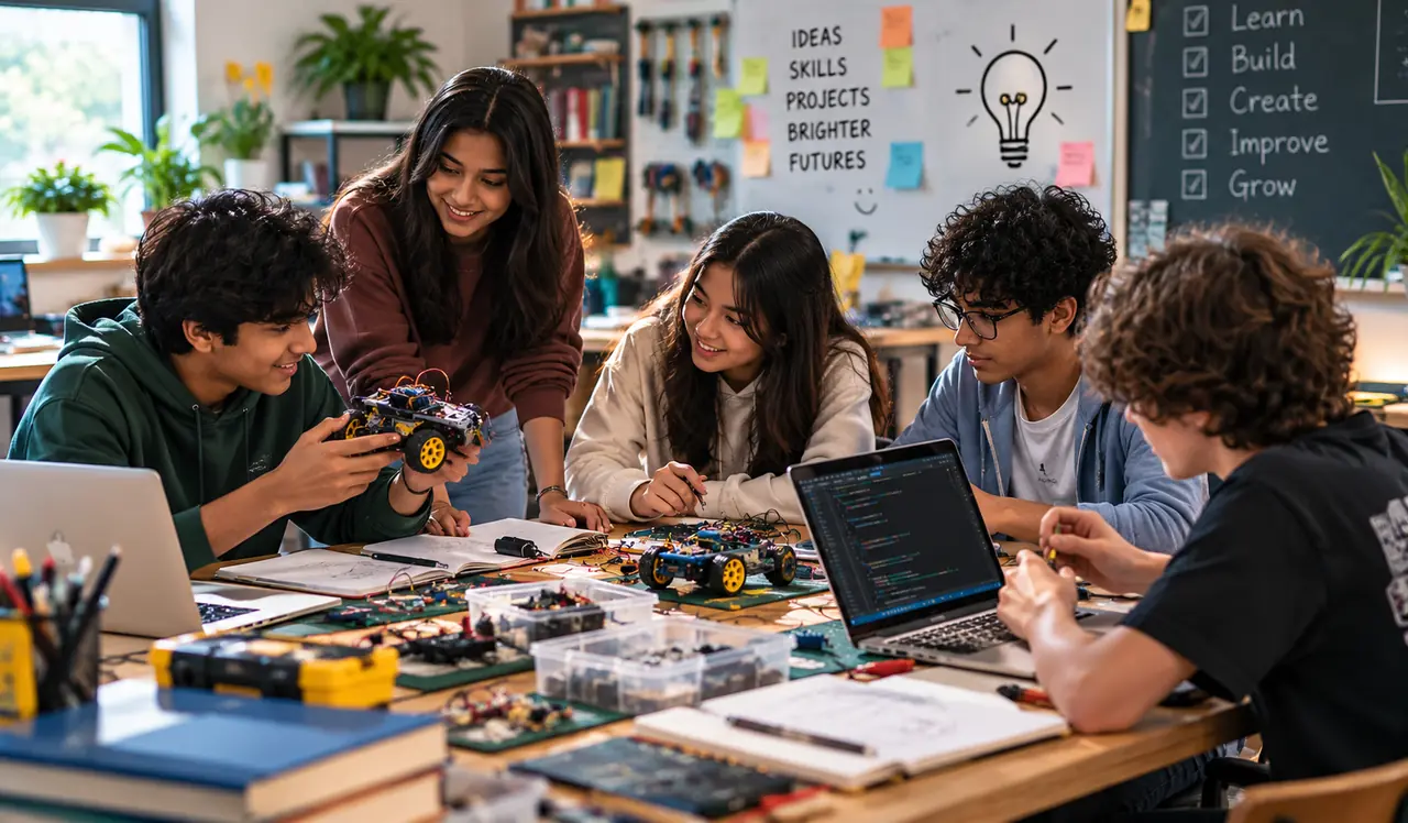 Students building and coding a robot project together