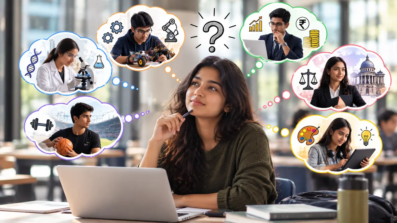 A thoughtful student at a laptop imagining different career paths in science, engineering, business, law, sports and design
