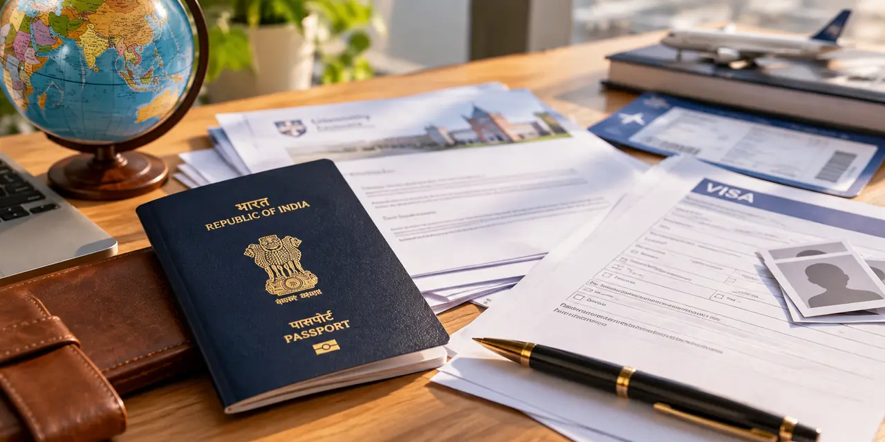 An Indian passport with study abroad and visa documents