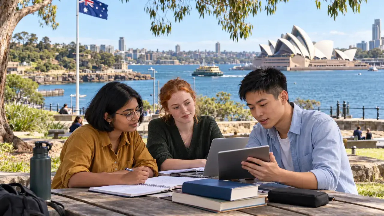 International students studying together by Sydney Harbour in Australia