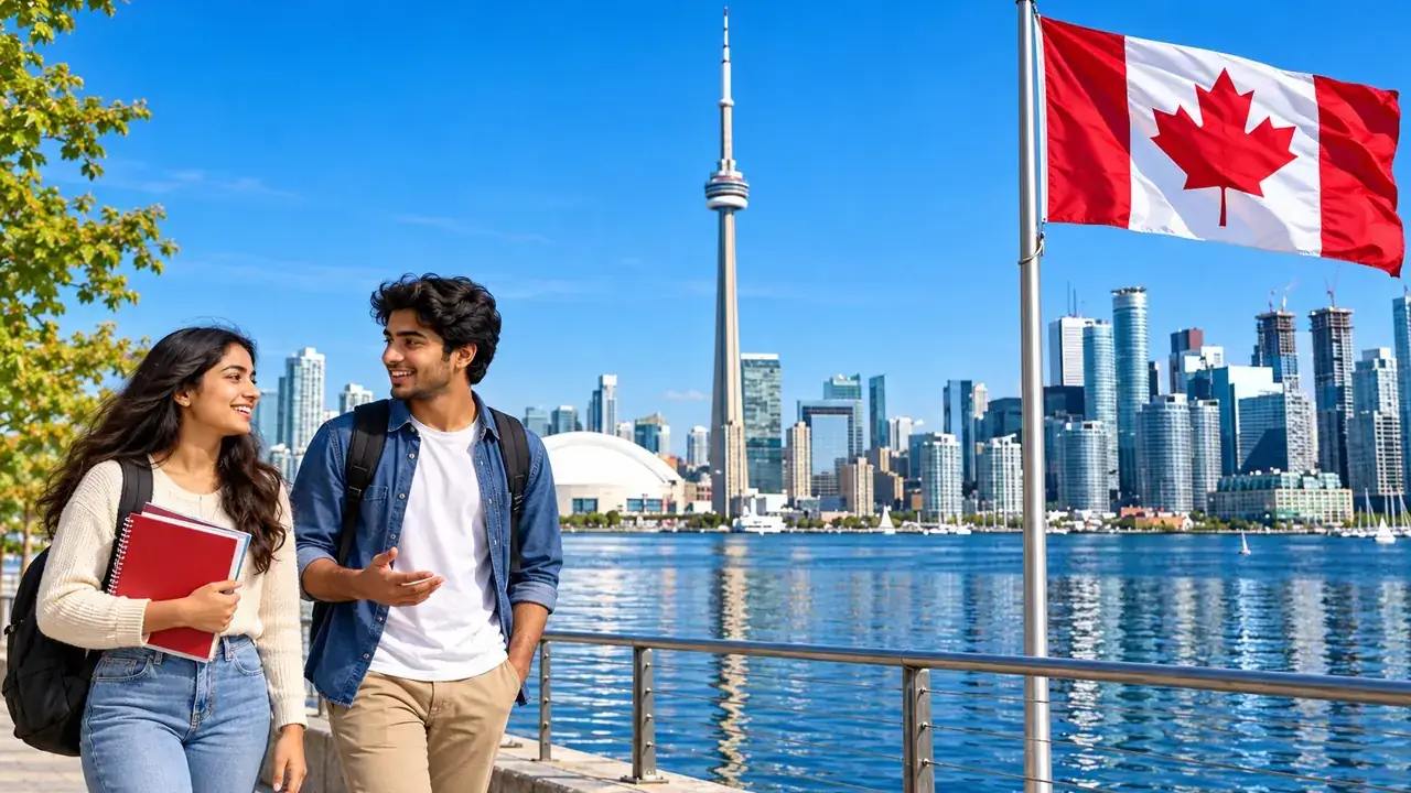 Two Indian students walking along the Toronto waterfront in Canada