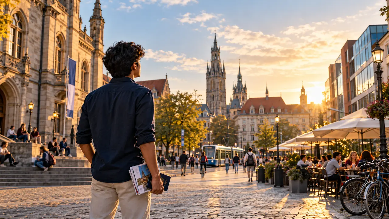 A student in a historic European city square