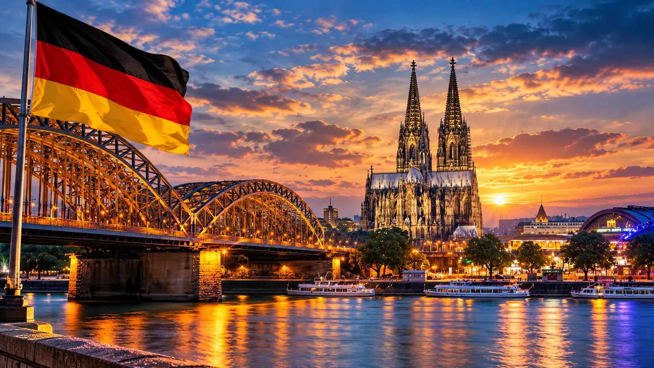 German flag and Cologne Cathedral at sunset