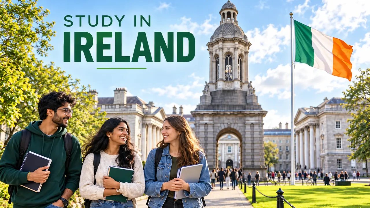 Indian and international students walking through a historic Irish university campus, with the Irish flag flying