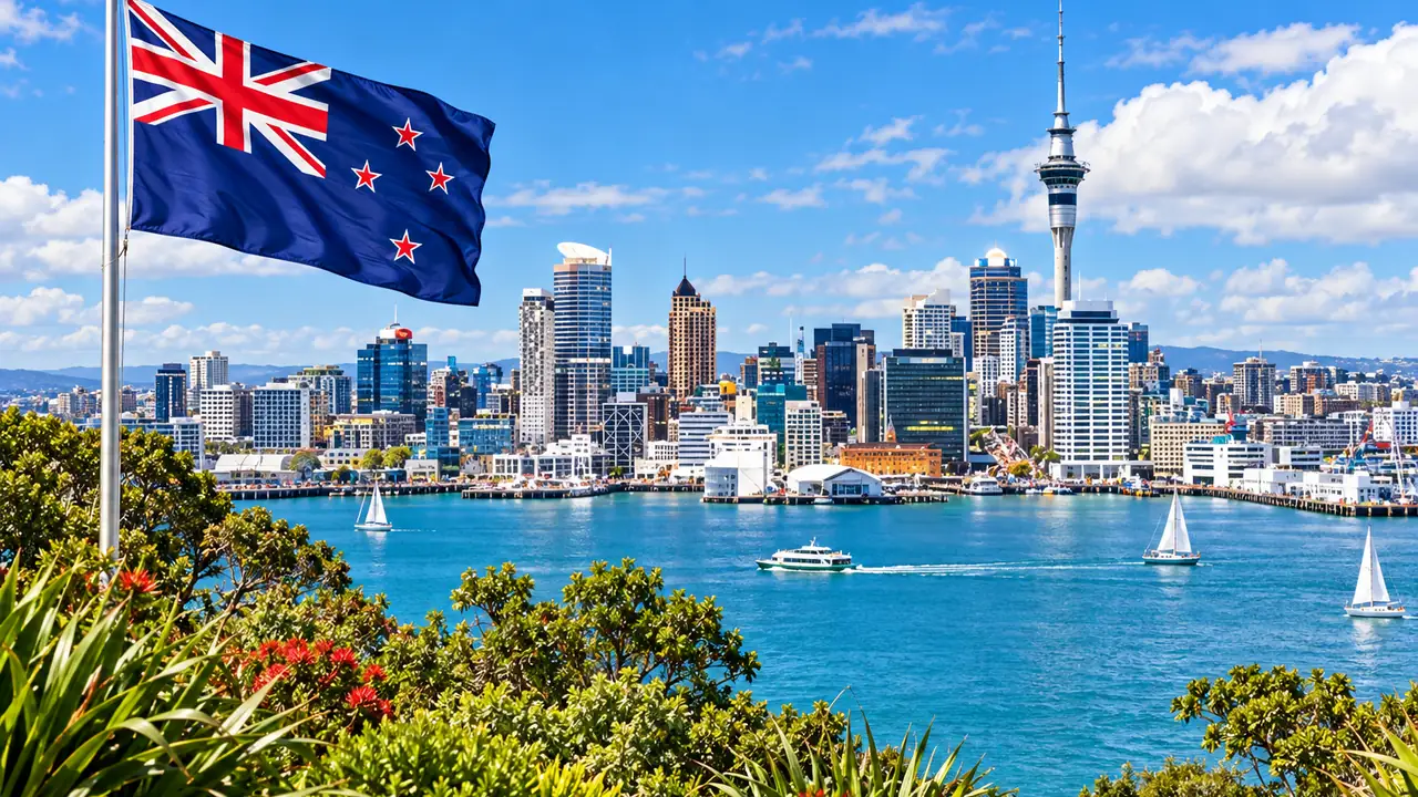 The New Zealand flag above the Auckland harbour and city skyline with the Sky Tower