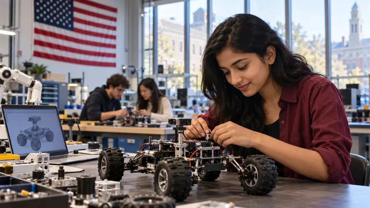 An Indian student building a robot in a university engineering lab in the USA