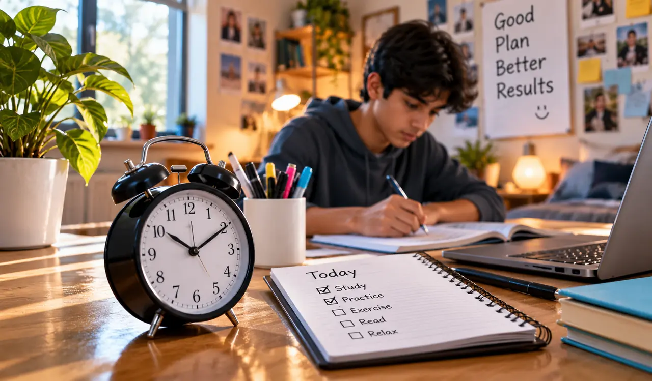 A student planning his day with a clock and checklist