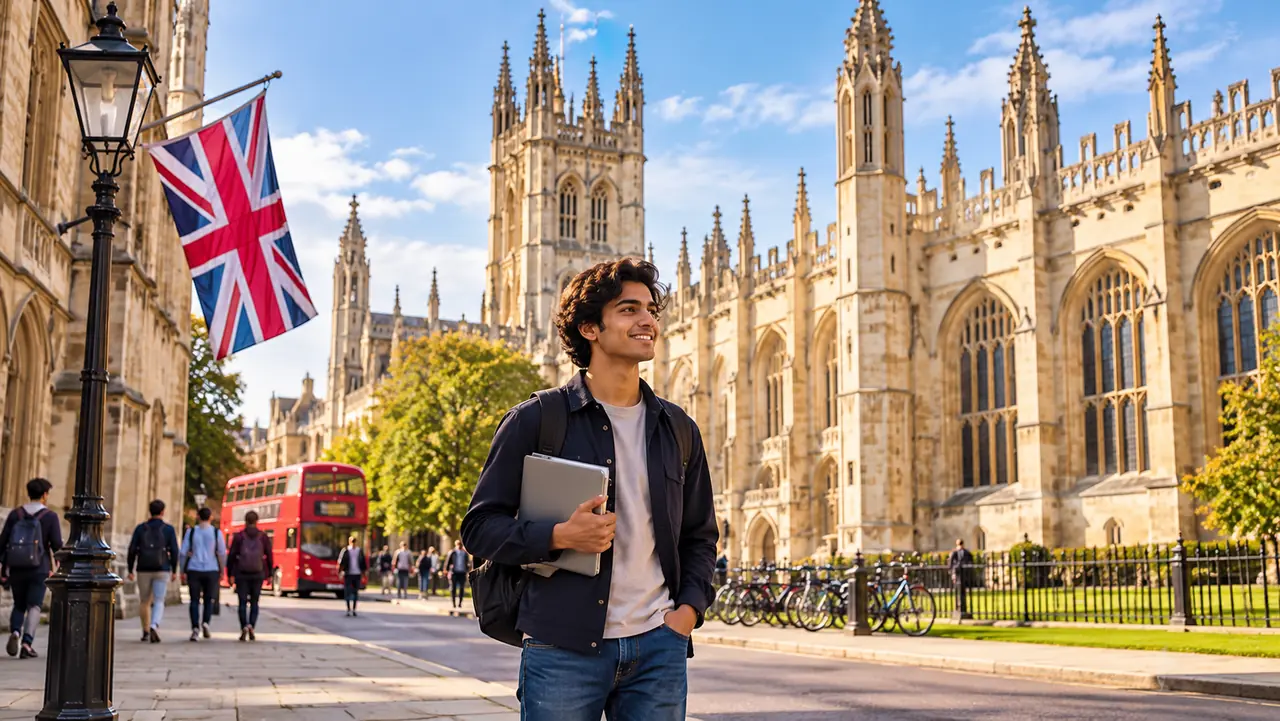 A student outside a historic UK university