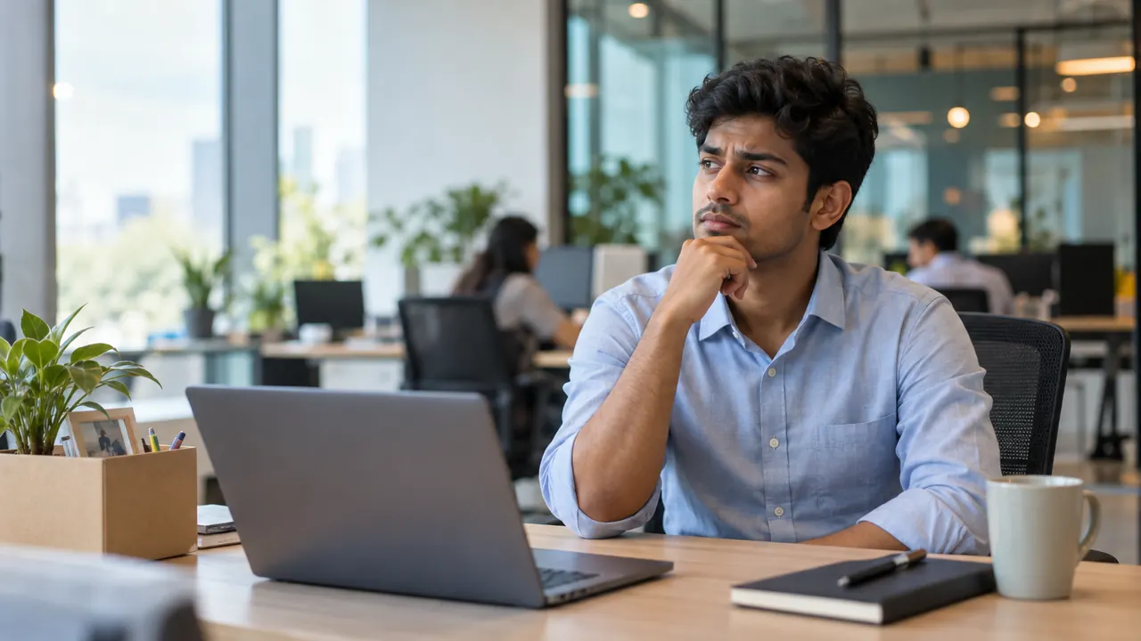 A young Indian professional at his office desk looking thoughtful and unsure about his new job