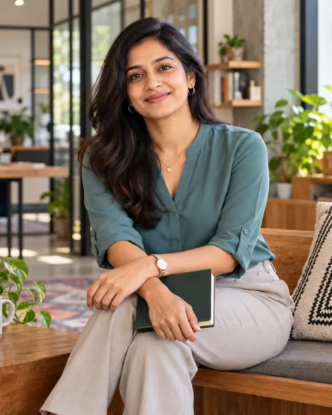 A smiling professional woman holding a notebook in a modern office