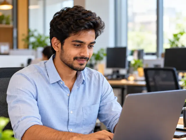 A young professional working on a laptop in an open office