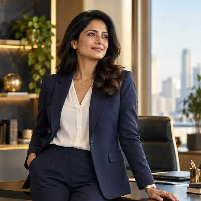 A professional woman in a navy suit in a modern office