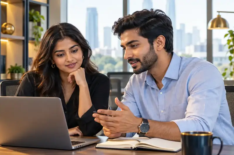 Two young professionals discussing career plans at a laptop
